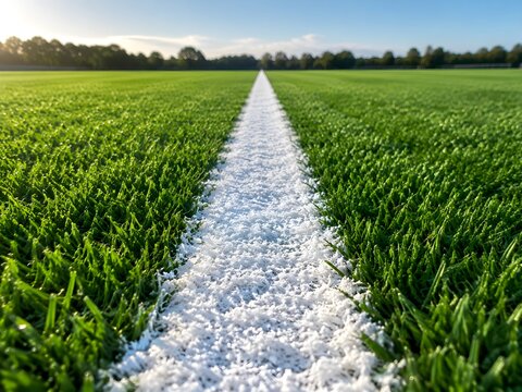 Pristine white chalk touchline stretching straight into vanishing point on dense athletic turf with neatly clipped green grass