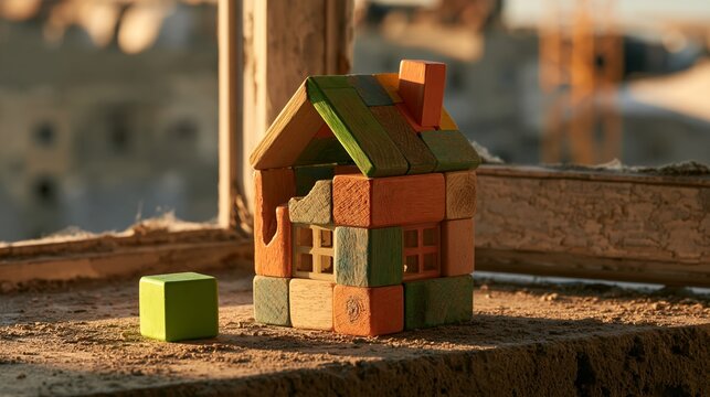 Wooden block house with a collapsed wall on a concrete windowsill Generative AI