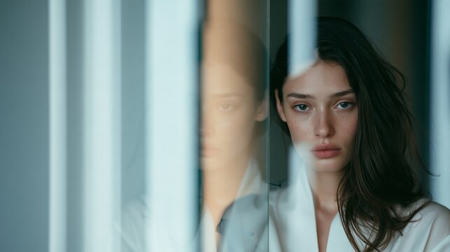 Woman stands behind a glass partition in an apartment during daylight Generative AI