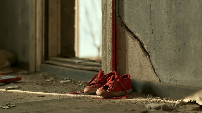 Worn red children's shoes stand beside a cracked doorway in an abandoned home Generative AI