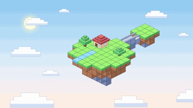 Pixelated background showing isometric 8 bit floating island build
