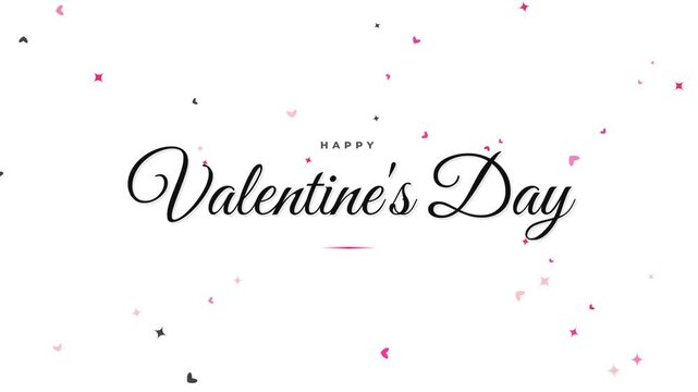 Happy valentines day text greeting with falling confetti hearts on a white background for romantic holiday celebrations with graphic