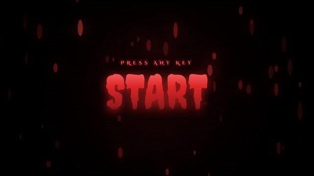 Red glowing start screen text with floating particles on a dark digital background for gaming interface with button text falling