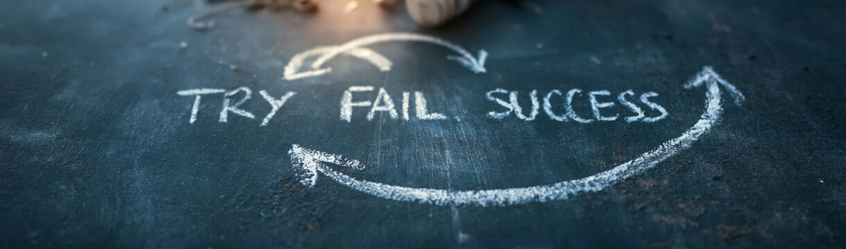 Success Cycle: Chalk drawing on pavement shows TRY FAIL SUCCESS with arrows forming a loop, symbolizing iterative progress and resilience.