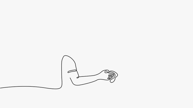 Continuous line art animation of a woman washing hands with soap and water faucet indoors.   