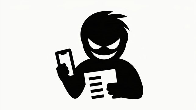 Silhouette illustration of a swindler grinning sinisterly while holding a smartphone and a list of names