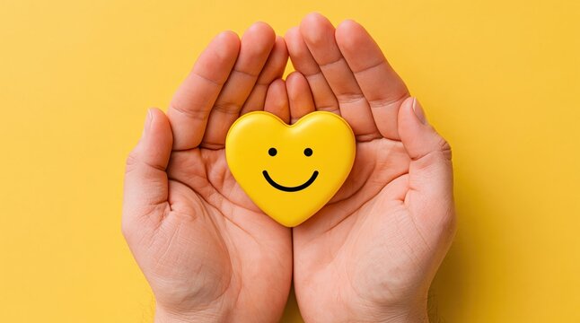 Hands cupping a yellow heart with a smiley face for love happiness and kindness