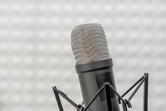 Detail of a metal mesh grille on a black studio condenser microphone suspended in an elastic shock mount, a product focused view of vocal capture gear for sale listings.
