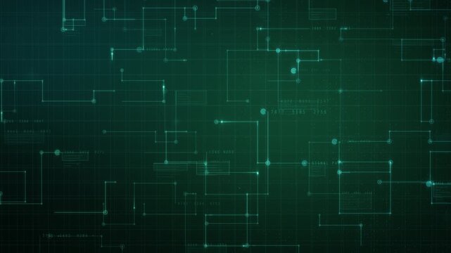 Green complex rectangular circuit mesh with luminous connection points animation