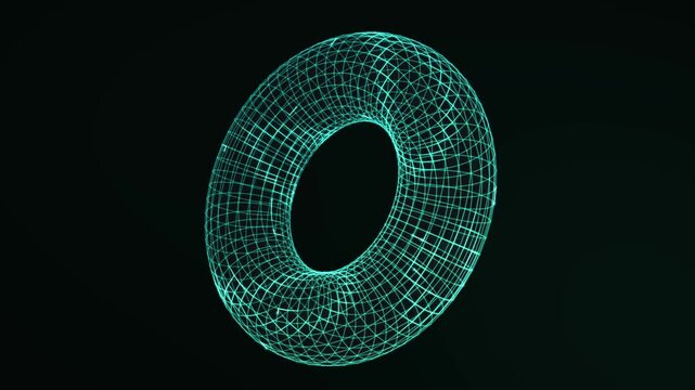 Teal wireframe torus with bright radial geometric mesh animation loop