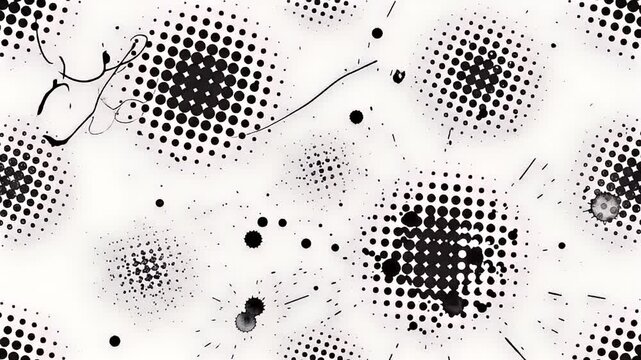 Grunge halftone pattern background animation, monochrome comic pop art dots texture video loop, vintage film leader scratch overlay for retro motion graphics and video editing