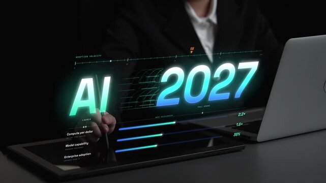 AI acceleration toward 2027 showing technology evolution, compute efficiency, machine learning advances and adoption growth. Foretell.