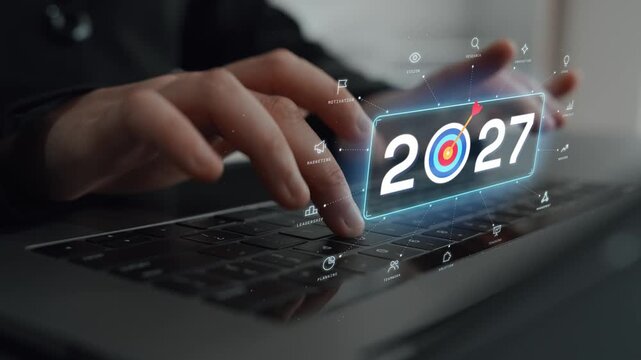 Year 2027 objective and ambition with dart hitting the target, connected to vision, ideas, innovation and success. Foretell.