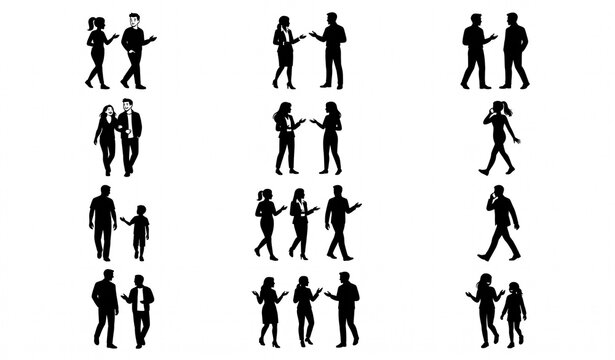 People Walking and Talking Together Black Silhouette Vector Illustration Set