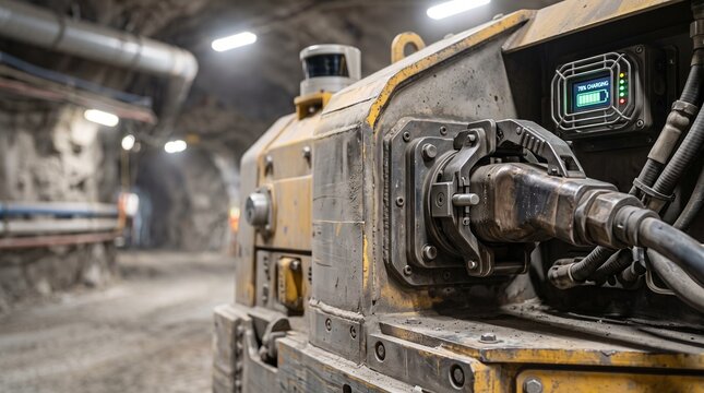 Heavy industrial mining equipment being recharged underground, showcasing electrification of machinery in a tunnel environment