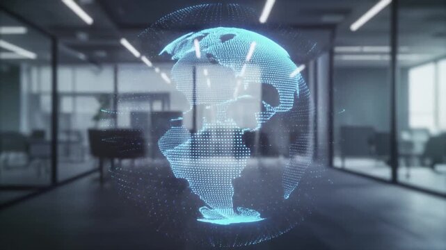 Blue Digital Globe Animation Floating in Modern Corporate Office Hallway Wide Frontal Shot