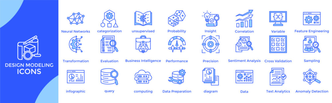 design Modeling icon set collection pack illustration vector. Containing  Neural Networks, categorization, unsupervised, Probability, Insight, Correlation, Variable, Feature Engineering icon