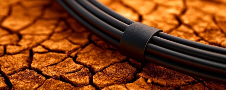 AI water consumption bundled black cables on parched cracked soil