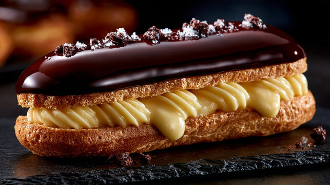 Decadent chocolate eclair topped with dark icing and crunchy cocoa nibs on stone surface
