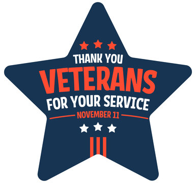 Navy blue star shaped Veterans Day graphic with red and white text, thank you veterans for your service, November 11 background design, png