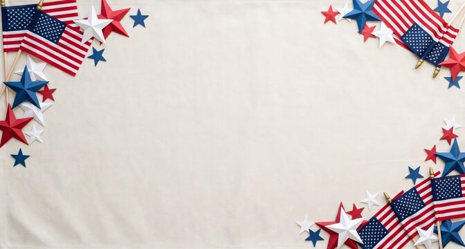 Veterans Day patriotic video background with American flags and red white blue stars framing open copy space. Memorial holiday tribute design honoring military service, freedom and remembrance