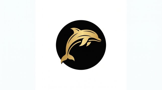 Golden dolphin vector logo inside black circle badge isolated on white background   
