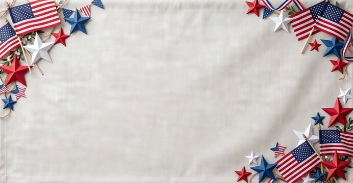Veterans Day patriotic background with American flags and red white blue stars framing copy space. Memorial tribute, military appreciation and national holiday design