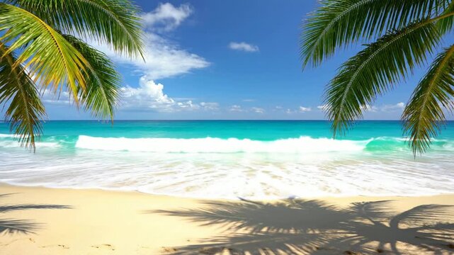 Tropical paradise beach with turquoise ocean waves, golden sand and palm tree branches framing a sunny summer coastline view