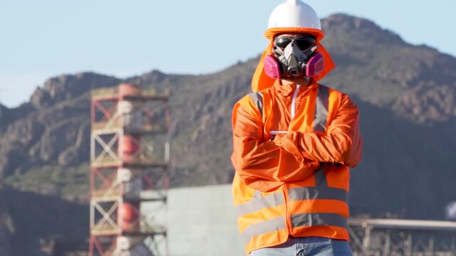 Professional worker wearing protective respirator and hardhat posing at modern industrial plant