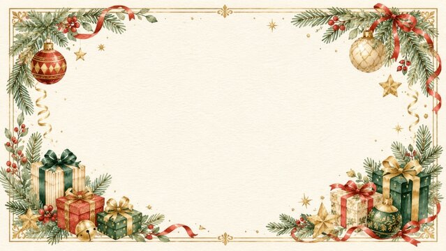 Elegant watercolor christmas frame with gift boxes, ornaments, pine branches, holly berries. holiday border background for greeting cards, festive seasonal design, xmas decor COPY SPACE