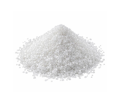 Pile of white granulated sugar crystals isolated on a plain white background