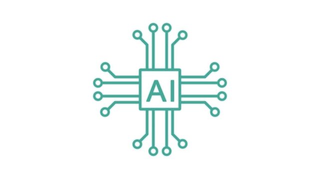 AI Circuit Board Background. Minimalist motherboard with processor chip, AI integrated technology. Animated chip icon with AI text and circuit lines motion graphics