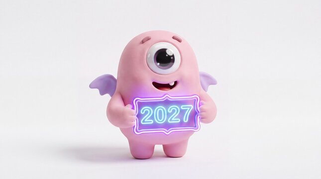Cute 3D friendly pastel-pink cyclops monster character holding glowing 2027 neon frame on white