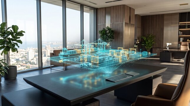 Modern sunlit executive office desk projecting 3D glowing cyan and gold container shipping port hologram