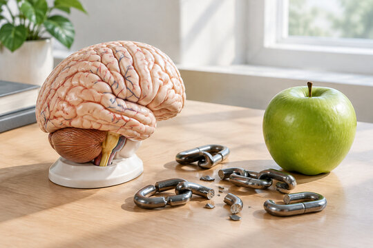 Brain model with broken chain and green apple, neurochemistry and breaking habits concept.