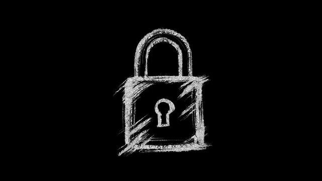 Security Closed Padlock Stop Motion Hand-Drawn Animation Grunge Brushstroke Element on Pitch Black Background For Luma Matte Overlay And Creative Video Compositing
