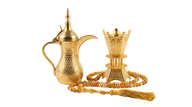 Traditional golden Arabic dallah coffee pot with incense burner and prayer beads, ornate brass islamic culture symbols, Ramadan celebration decorative items isolated PNG with Transparent