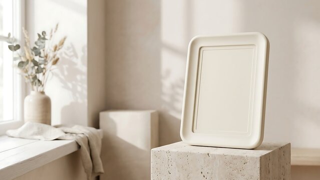 Minimalist blank vertical picture frame mockup standing on a stone pedestal in a bright neutral room with soft shadows, dried eucalyptus leaves in a vase, and elegant aesthetic interior design.