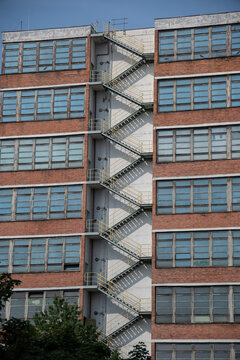 Exterior staircase of a prefabricated apartment building.