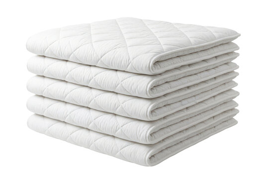 Stack of Five White Quilted Mattress Protectors Isolated on White Background for Bedding and Home Decor