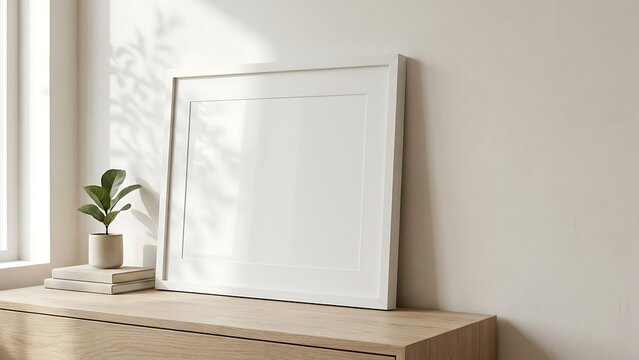 Minimalist landscape white poster frame mockup leaning on wooden sideboard with small potted plant and soft sun shadows on white wall background, 3D rendering for art and print display