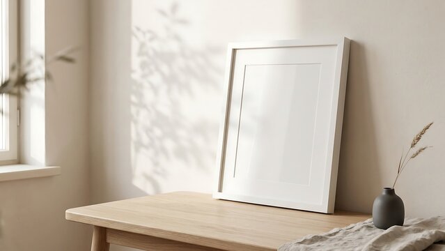 Minimalist Vertical White Picture Frame Mockup on Wooden Table with Soft Morning Sunlight and Leaf Shadows in a Bright Japandi Style Interior Background