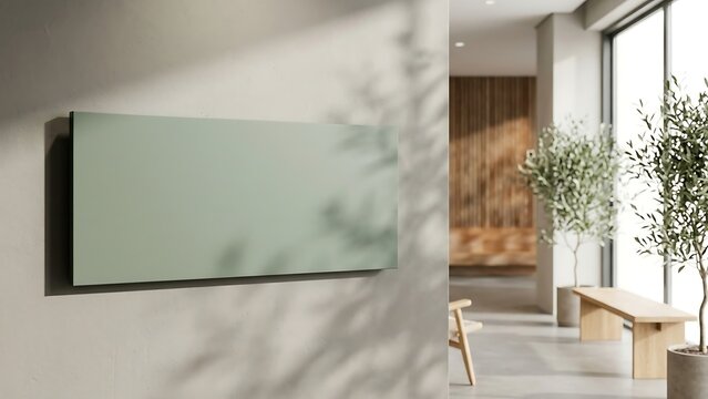 Modern Minimalist Horizontal Sage Green Poster Mockup on Beige Wall with Soft Leaf Shadows in a Clean Contemporary Office Hallway Interior with Wooden Bench and Natural Light Presentation
