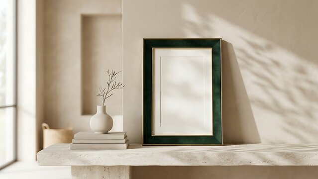Vertical Blank Green and Gold Picture Frame Mockup on Stone Shelf with Minimalist Interior Decor, White Vase, and Sunlight Leaf Shadows for Art Display or Poster Presentation