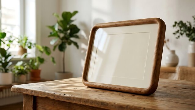 Blank landscape wooden picture frame mockup with rounded corners on rustic table in a bright sunlit interior room decorated with green houseplants and minimalist decor for art display.