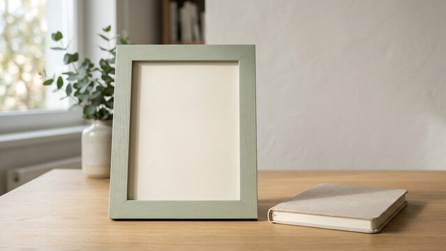 Elegant Blank Vertical Green Picture Frame Mockup on a Wooden Table with a Book and Eucalyptus Plant in a Bright Minimalist Room for Art Presentation and Home Decor Display