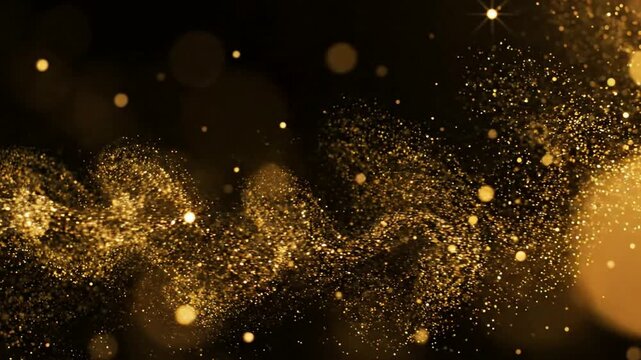 Shimmering Gold Dust Particles Moving in Wave Pattern with Bokeh Macro Focus on Dark Backdrop