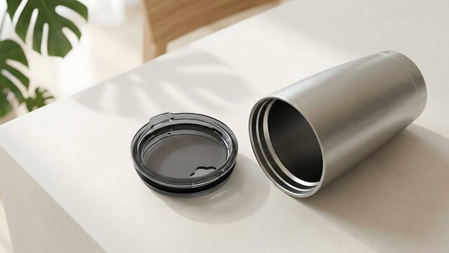Minimalist Brushed Stainless Steel Reusable Insulated Tumbler with Removable Lid on a White Surface with Natural Monstera Leaf Shadows, Modern Eco-Friendly Drinkware for Sustainable Lifestyle.