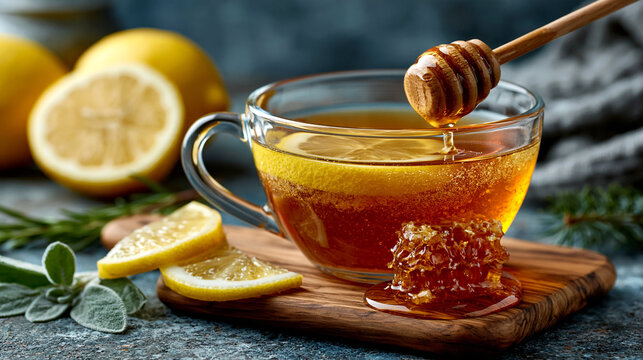 Cup of herbal tea with lemon slices and a honey dipper on a wooden board