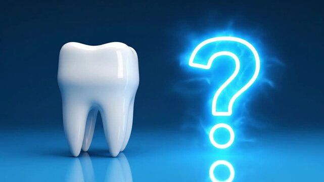 3D tooth model next to a glowing blue question mark symbol explaining dental care uncertainty and oral health questions